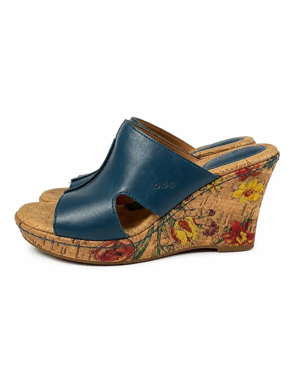Boho b.o.c. Born Concept Blue Leather Floral Cork Wedge Sandals